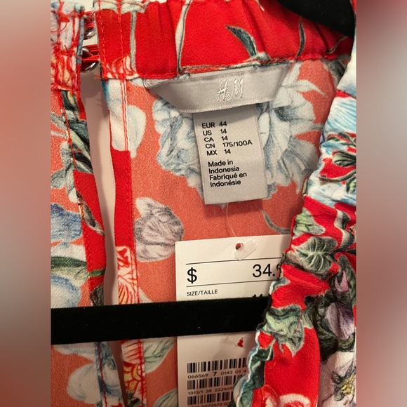 H&M Red Floral Midi Dress NWT Size 14 - Picture 2 of 6